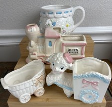 Vtg Ceramic Baby Nursery Planter Lot of 4 Lamb Cart Train Buggy Nice picture
