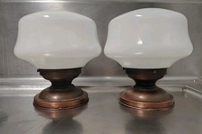 Vintage Pair Milk Glass Schoolhouse Flush Mount Ceiling Lights Sconces Art Deco picture