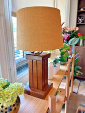 Vintage MCM Mid Century Modern Solid Teak Cube Block Table Lamp Burlap Shade picture