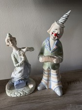 Vintage  Ceramic Clown Figurines 11” & 8” Pastel - Blue/Green/Tan picture