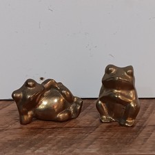 Vintage MCM Solid Brass Small Chubby Frog Figurines Paper Weights Decor Set Of 2 picture