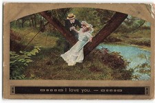 1909 I love you romantic couple between a tree nature scene VTG Postcard ME8. picture