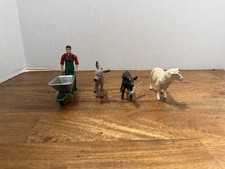 Schleich Farmer with Wheelbarrow, Donkey, Sheep & Calf Farm Animals - Lot of 5 picture