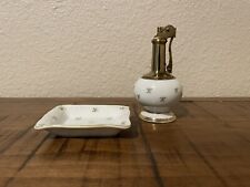 Vintage Bone China & Brass Table Lighter and Ashtray Set 1960’s Japan picture