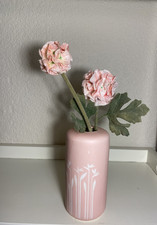 Etched Pink Ceramic Bud Vase With Floral Design and 2 Faux Carnations picture