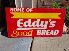 c.1960s Original Vintage Home Of Eddys Good Bread Sign Metal 2 Sided Grocery Gas picture