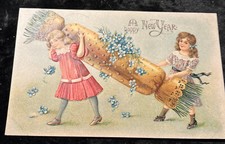 Embossed c1908 Two Little Girls Firecracker Greeting Card A Happy New Year picture
