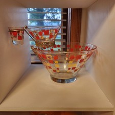 MCM Anchor Hocking Masquerade Shot Dip Chip Bowl Set Geometric Red Gold Vtg picture
