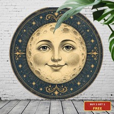 Antique Moon Face Sign Mystical Celestial Half Moon Round Metal Wall Plaque 8x8 picture