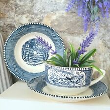 Vtg CURRIER & IVES Blue Tea Cup ~ Saucer ~ Berry Bowl ~ Horse & Carriage Cottage picture