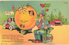 Comic Orange Shaped Trailer Linen Postcard 1937 Curt Teich Unused picture
