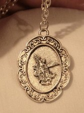 Lovely Swirl Scalloped Rim Silvertn St. Michael Archangel Medal Pendant Necklace picture