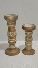 MY MELA WOODEN HAND MADE IN INDIA HAND CARVED PILLER CANDLE HOLDERS SET OF 2 picture