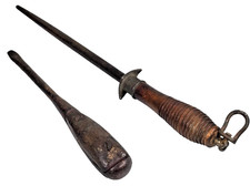Antique Wood Handle Screwdriver & Vintage Knife Sharpening Steel Tool picture