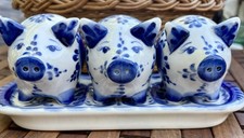 Set of 3 Gzhel Blue & White Hand Painted Porcelain Pigs W/Tray Signed Beautiful picture