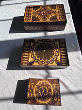 Vintage Hand Carved Wooden Trinket Keepsake Boxes Hinged Floral Lids. Folk Art. picture