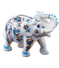 6 Inches Beautiful Elephant Statue Inlaid with Turquoise Stone Marble Sculpture picture