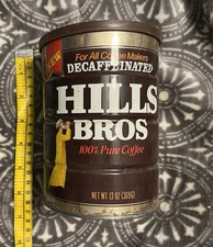 Vintage HILLS BROS COFFEE Automatic Drip DECAFFEINATED 13 oz Tin Can - With Lid picture