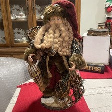 Old World Woodland Santa Claus Plaid 90's faux fur With heart basket & Snowshoes picture