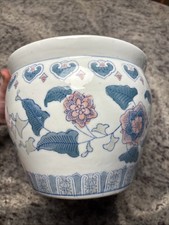 Vintage Blue Pink Floral Ceramic Planter Jardiniere Chinoiserie 8” picture