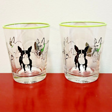 Pair Anthropologie Sally Muir Boston Terrier Dog Juice Glasses, Green Rim picture
