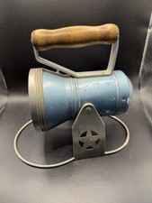 Vintage Blue Metal Electric Flashlight Lantern Lamp Wooden Handle Star Stand  picture