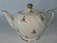 Sadler England Tea Pot Cream Swirl Pattern Pink Roses Gold Trim #1593 Vintage picture