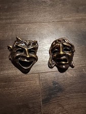 VTG Sm. Greek Bronzed Metal Comedy & Tragedy Satyr Laughing/Crying Wall Hangings picture