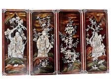 Vintage Chinese Mother of Pearl Inlay Lacquer Wall Plaques Fu Lu Shou Set of 4 picture