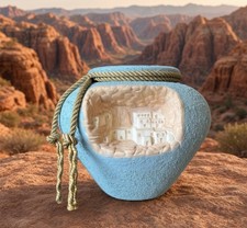 Textured Blue Vase Native American Pueblo Dwellings Relief Design Signed MC 1992 picture