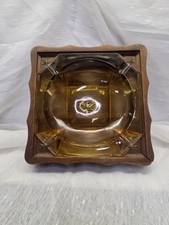 VTG Woodcroftery Glass Amber Cigar Ash Tray  Cherry Wood Frame Brass Eagle Star  picture