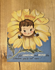 Unused Vintage Greeting Card Missing You Girl Daisy Flower 1950s Midcentury picture