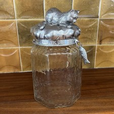 Vintage Arthur Court Good Kitty Cat Cookie Jar Treat Glass Canister Kitten Fish picture