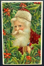 Long Beard Santa Claus with Holly Antique Gold Embossed~Christmas Postcard~k470 picture