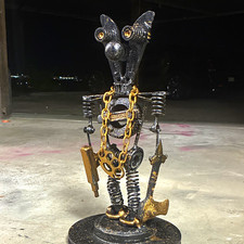 Black & Gold Metal Robot statue  or Sculpture on Base with Chain stands 28 in picture