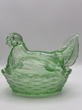 Vtg Light Green Glass Large Hen On Nest Covered Candy Dish Split Tail Chicken  picture
