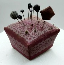 Vintage Hand Created Sewing Pin Cushion with Pins, Hat Pins & Brass Safety Pins  picture