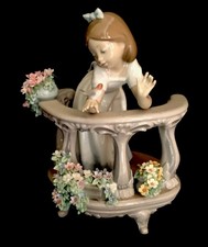 Lladro Figurine Morning Song Girl And Flowers On Balcony With Bird 9.5”X 6” picture