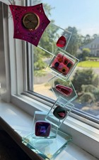 RARE Vintage J. Aubrey Modernist Fused Glass Multicolor Desk Clock/Mantel Art picture