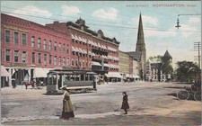 Main Street Northampton MA 1900s Hotel Trolley Car Church Steeple Postcard picture