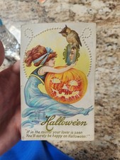 Antique/Vintage Stecher Halloween Postcard Series 216B Girl Owl JOL Pumpkin  picture