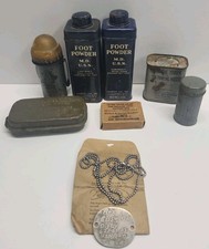 WWII US Navy USN Medical Lot Foot Powder Tin Dog Tags Distress Light Water Kit picture