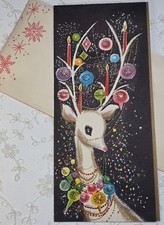 UNUSED- Stunning White Deer, Ornaments - 1950's SUNSHINE Christmas Greeting Card picture