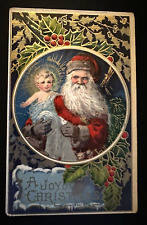 Santa Claus with Baby Jesus~Holly~Antique Christmas Postcard~k463 picture