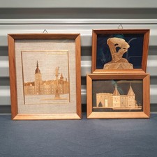 ​Vintage Polish Straw Marquetry Wall Art Set 3 Warsaw Castle Barbican Chopin 70s picture