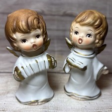Vtg Pair Bisque Christmas Angel Figurines Musical Singing Accordion 4” White picture