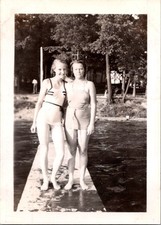 Vintage 1936 Photo Two Women in Swimsuits on Dock Beach Lake Snapshot Original picture