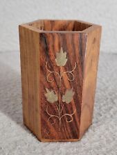 Vintage Leaves Inlay Design Pen Pencil Holder Wooden Decorative Collectible Hex picture