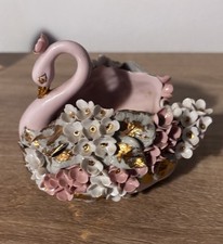 Vintage Lefton China Pink Swan Planter Applied Flowers Gold Trim Japan  1960s picture