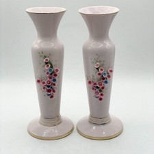 Lefton Vintage Hand Painted Pink Applied Dimensional Flowers Candlesticks Pair picture
